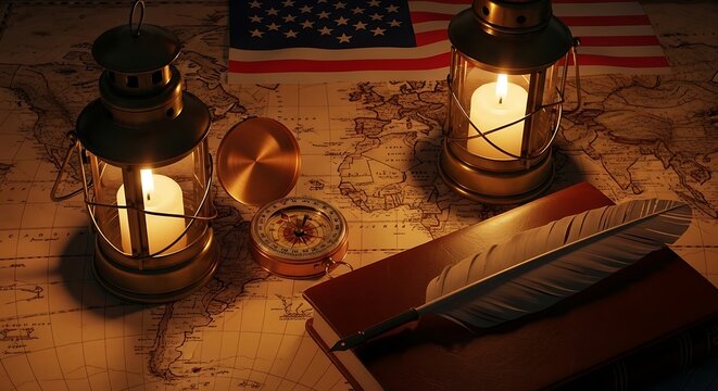 Vintage travel planning scene with lanterns and american flag on world map background