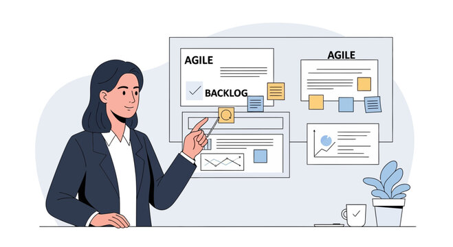 Agile project management whiteboard presentation with woman pointing at backlog