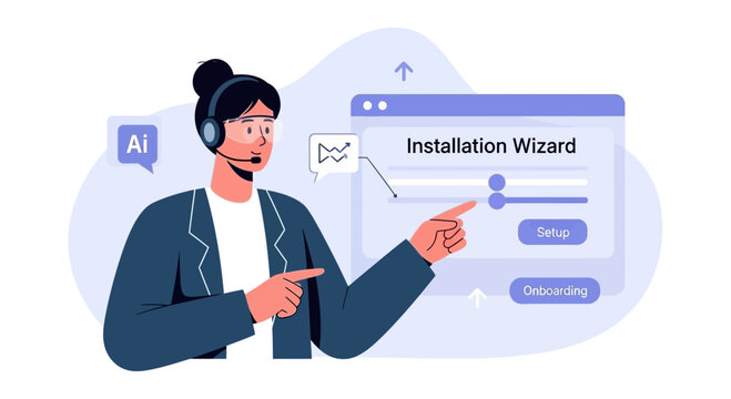 AI Assistant Girl Helping with Installation Wizard Setup and Onboarding
