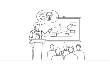 Fototapeta premium One continuous line drawing of a man is giving a speech in front of an audience vector illustration.