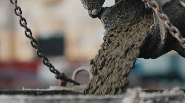 Pouring concrete during foundation construction close up