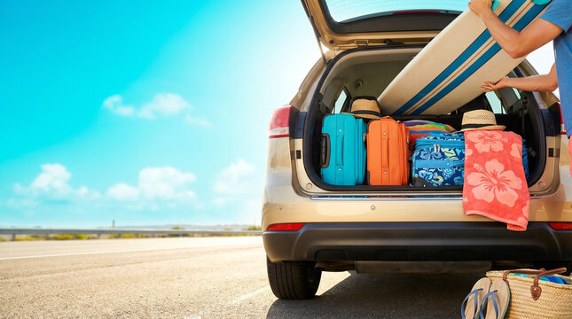 Family loading car with surfboard and luggage for summer trip  
