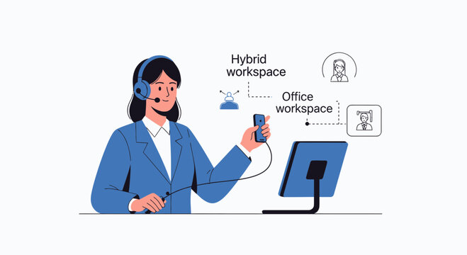 Hybrid workspace concept female operator in headset with phone and computer