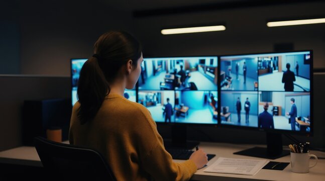 Woman watches multiple security camera feeds on computer screens in a dark office at night. She monitors activity, ensuring safety and security for the business premises.