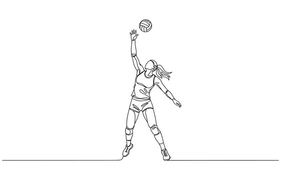 One continuous line drawing of young female professional volleyball player in action on court.