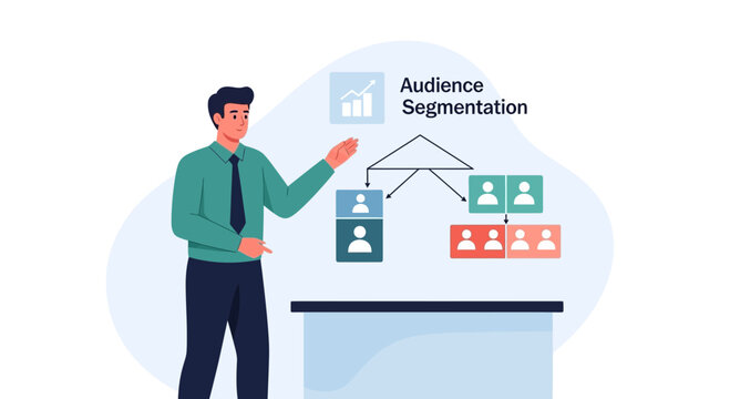 Business Man Presents Audience Segmentation Chart with Icons