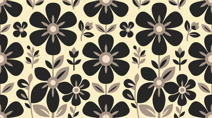Obraz premium Retro Floral Pattern Seamless Design Black and Beige Mid Century Modern Flowers