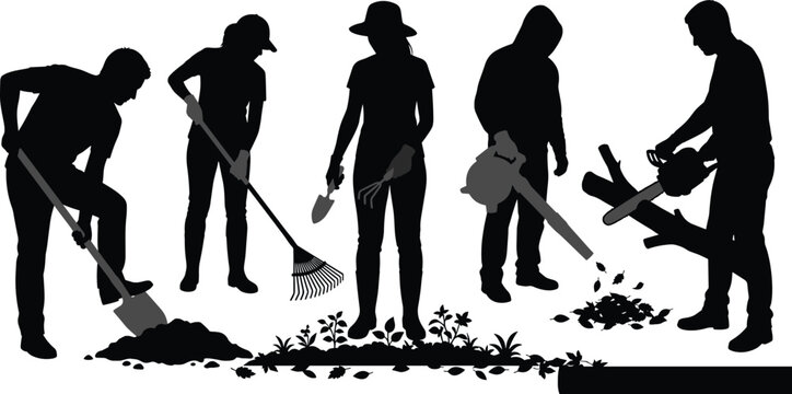 Gardening Worker Silhouette Set with People Digging Raking Planting and Using Chainsaw in Outdoor Yard Work
