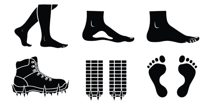 Collection of walking bare feet footprints and hiking boots with crampons silhouettes vector illustration.