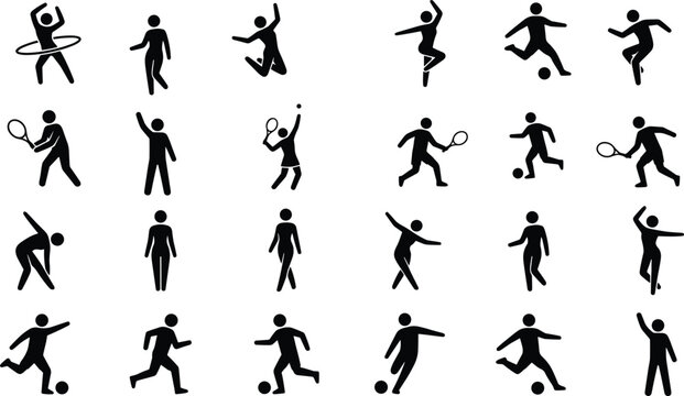 Sports Icon Silhouette Set with Running Football Tennis Dancing and Fitness Activity Figures for Athletic Training and Recreation Design