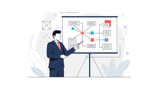 Business meeting presentation with flowchart | Businessman pointing to diagram