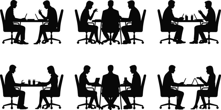 Black silhouette people sitting on chairs around tables in meeting discussion scenes