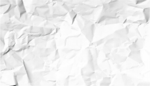 Halftone crumpled paper texture with black a dotted, rough, and wrinkled surface. Wite creased sheet background in comic pop-art style, featuring grainy folds and gritty distressed details.