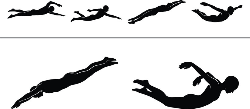 Swimming athlete silhouettes set with freestyle diving and floating poses vector illustration black swimmers collection isolated on background