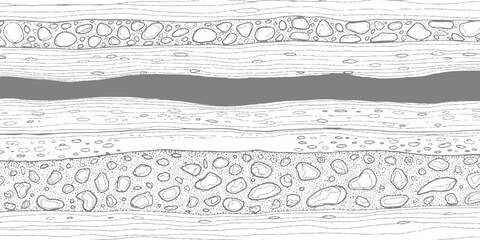 Geological cross section of earth soil layers with underground rocks and dirt textures vector illustration. © Design House