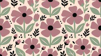 Seamless Floral Pattern with Purple Flowers and Green Leaves on Cream Background © Robich Art