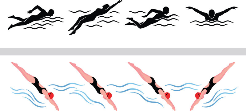 Swimming styles illustration set with freestyle strokes top view swimmer poses and silhouette sequence showing motion technique in water