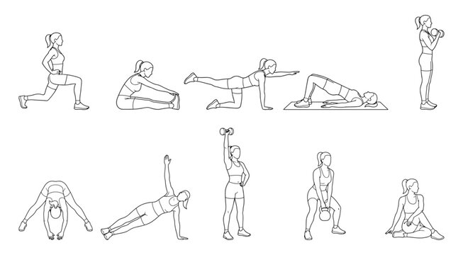 Fitness woman performing workout exercises and gym routines set | Female character practicing lunge bridge and yoga poses | Line art vector icons