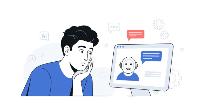 Man interacting with AI chatbot on computer screen, digital communication concept