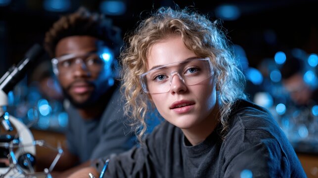 Two young students intensely focus on their studies in a laboratory setting, exemplifying curiosity and determination in the pursuit of knowledge and discovery.