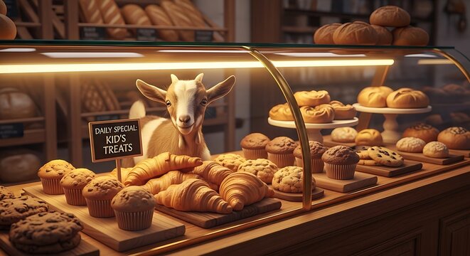 Goat in bakery display case surrounded by pastries.