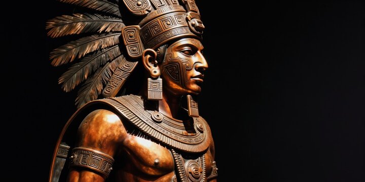 Bronze statue bust depicts Aztec warrior in feathered headdress and ornate armor. Detailed face and chest plate show intricate patterns. Warrior looks right against black background.