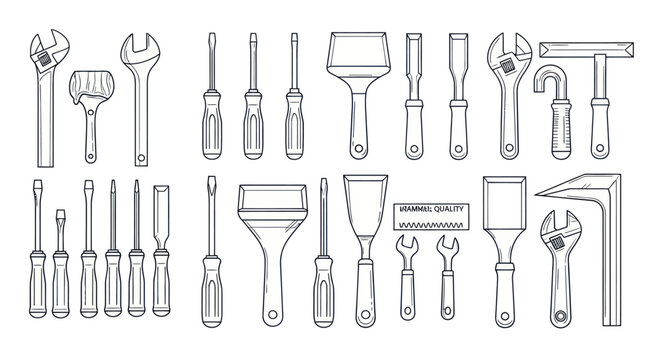 Collection of hand tools and repair equipment in a line drawing style.