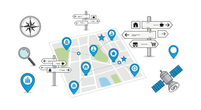 Navigation and location concept with map, GPS, and compass.