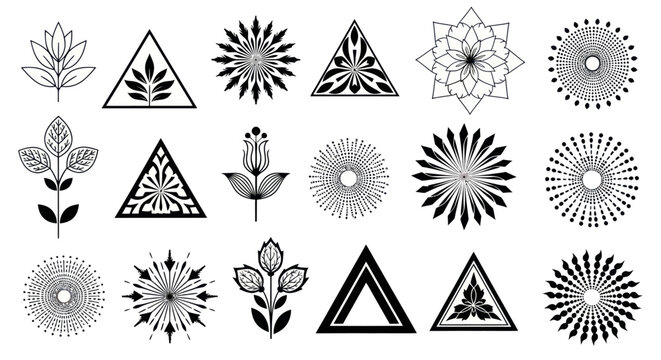 Collection of graphic design elements with floral and geometric patterns.