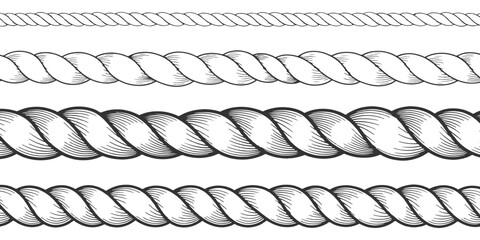 Hand-drawn twisted rope string and cable seamless pattern brushes collection in engraved vintage style vector illustration. © Design House