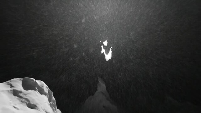 Abstract black and white landscape of snow-covered peaks, with a light in the middle against a dark background