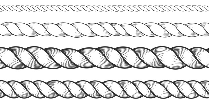 Hand-drawn twisted rope string and cable seamless pattern brushes collection in engraved vintage style vector illustration.