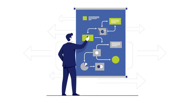 Businessman planning  a flowchart on a whiteboard, working, strategy, concept