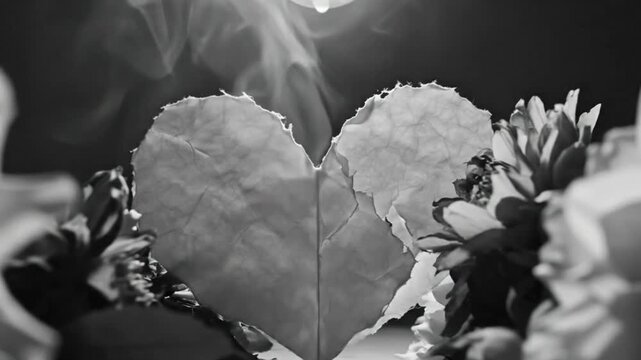 Black and white still life with a lit bulb, a paper heart, and blurred flowers creating a moody composition.