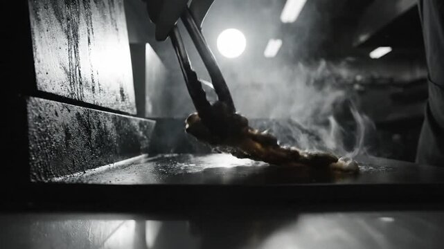 Chef lifting cooked meat from a hot flat-top grill, steamy food preparation, in a professional kitchen environment.