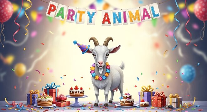 Goat wearing party hat and confetti.