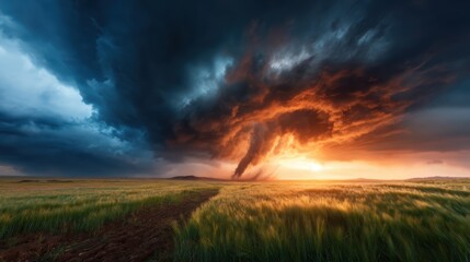 Obraz premium An intense storm brews above a vast open field, with dark ominous clouds swirling dramatically against a backdrop of fiery sunset colors, capturing nature’s fierce beauty.