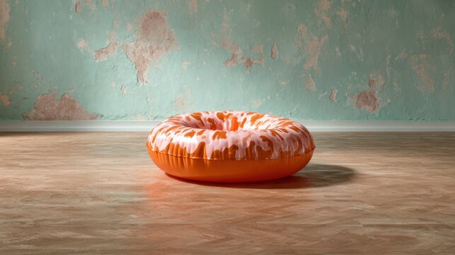 An eye-catching orange inflatable donut sits centered in an empty room against a textured wall, presenting a playful and whimsical contrast in a minimalist artistic setting.