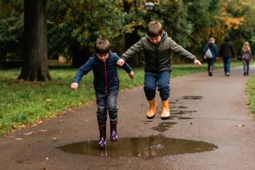 Obraz premium Two brothers jump in park puddles with glee wearing rain boots. Siblings play outdoors on cloudy day, splashing water. Childhood fun with friends and family.