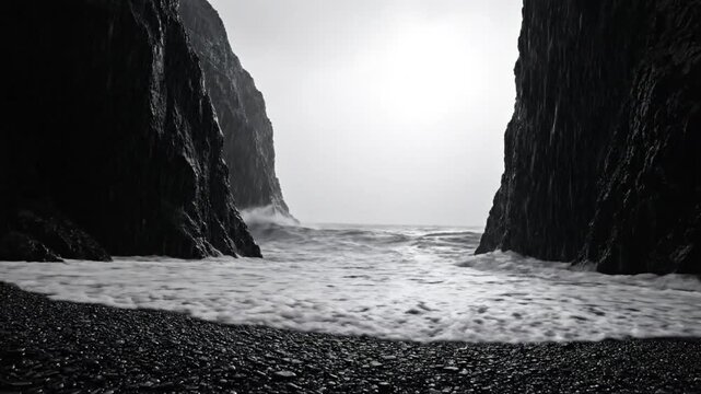 Dramatic black and white landscape of ocean waves crashing between towering cliffs during a stormy day