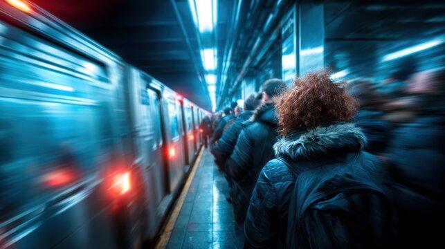 A bustling subway station filled with commuters waiting for their train, capturing the essence of urban life and the rush of daily routines in a busy city environment.
