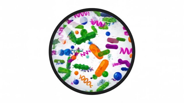 Colorful bacteria and microorganisms moving under a microscope lens