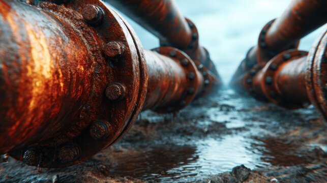 A close-up view of corroded industrial pipes in a mystic environment, hinting at themes of neglect, nature reclaiming spaces, and the fascinating interplay between decay and water.