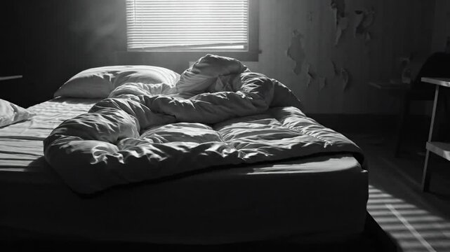 Black and white bedroom scene with unmade bed, sunlight streaming through window, and peeling paint on the wall