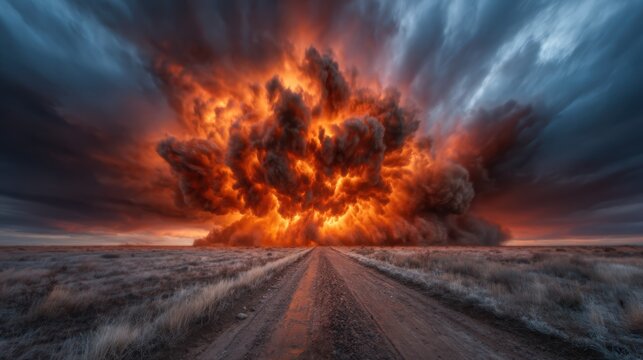 An intense and colorful explosion fills the sky over a vast desert landscape, showcasing raw power and the dramatic beauty of nature in an apocalyptic scene.