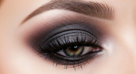 Fototapeta premium Macro portrait of elegant smoky eyes, showcasing professional makeup. Dark eyeshadow and long eyelashes enhance dramatic smoky eyes. Ideal for beauty campaigns, fashion editorials.