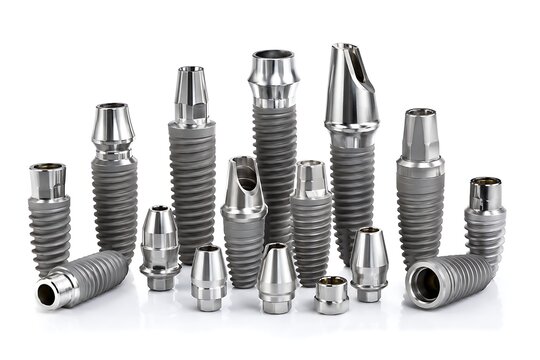 Set of dental implants and abutments for permanent tooth replacement, 3D dental prosthetic elements isolated on white background