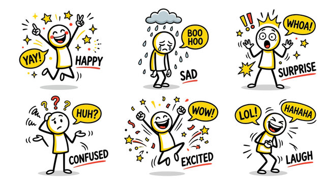 Cartoon characters expressing various emotions.
