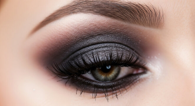 Macro portrait of elegant smoky eyes, showcasing professional makeup. Dark eyeshadow and long eyelashes enhance dramatic smoky eyes. Ideal for beauty campaigns, fashion editorials.