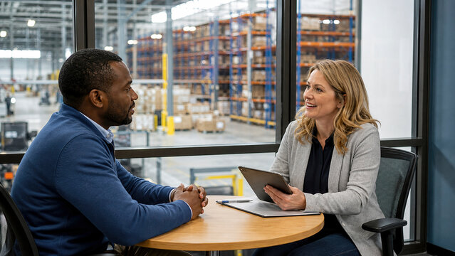 Professional woman with tablet interviewing black male job candidate or partner in an office overlooking a large industrial warehouse distribution center